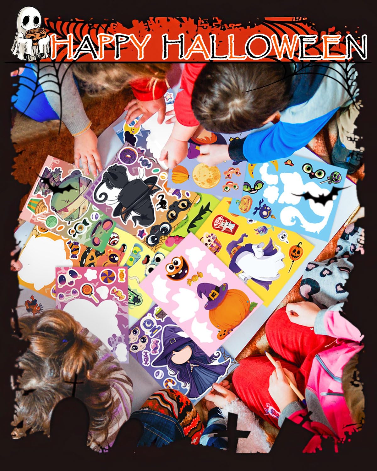 Cowcowcow 48 Sheets Halloween Stickers for Kids, Halloween Make Pumpkin Face Sticker, Halloween Holiday Party Games Stickers Bulk-Halloween Crafts Party Favors for Kids, Halloween DIY Sticker for Kids