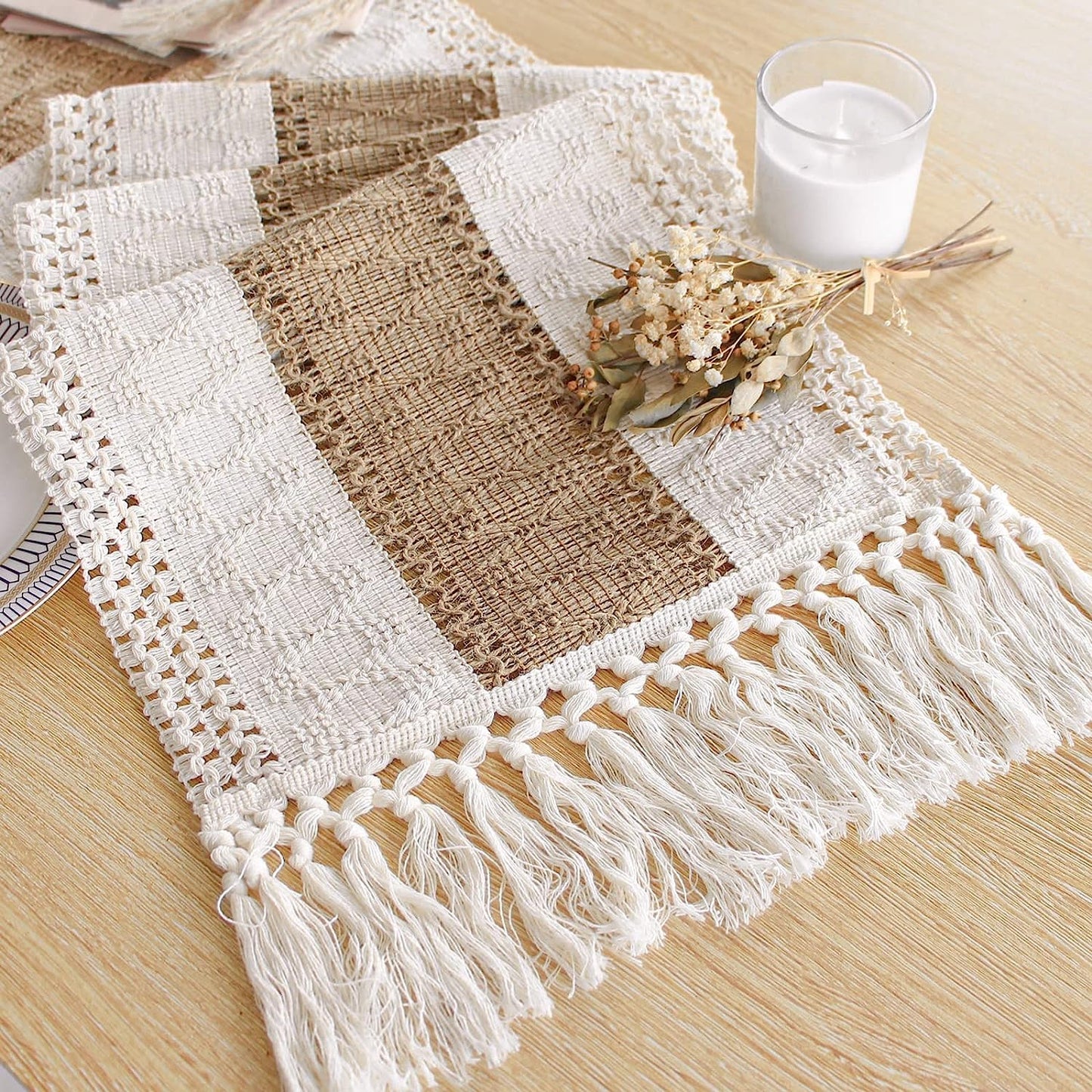 FEXIA Thanksgiving Table Runner for Home Decor with Tassels 72 Inches Long Farmhouse Rustic Boho Table Runner Macrame Burlap Fall Table Decoration for Living Room Bridal Shower(12x72 Inches)