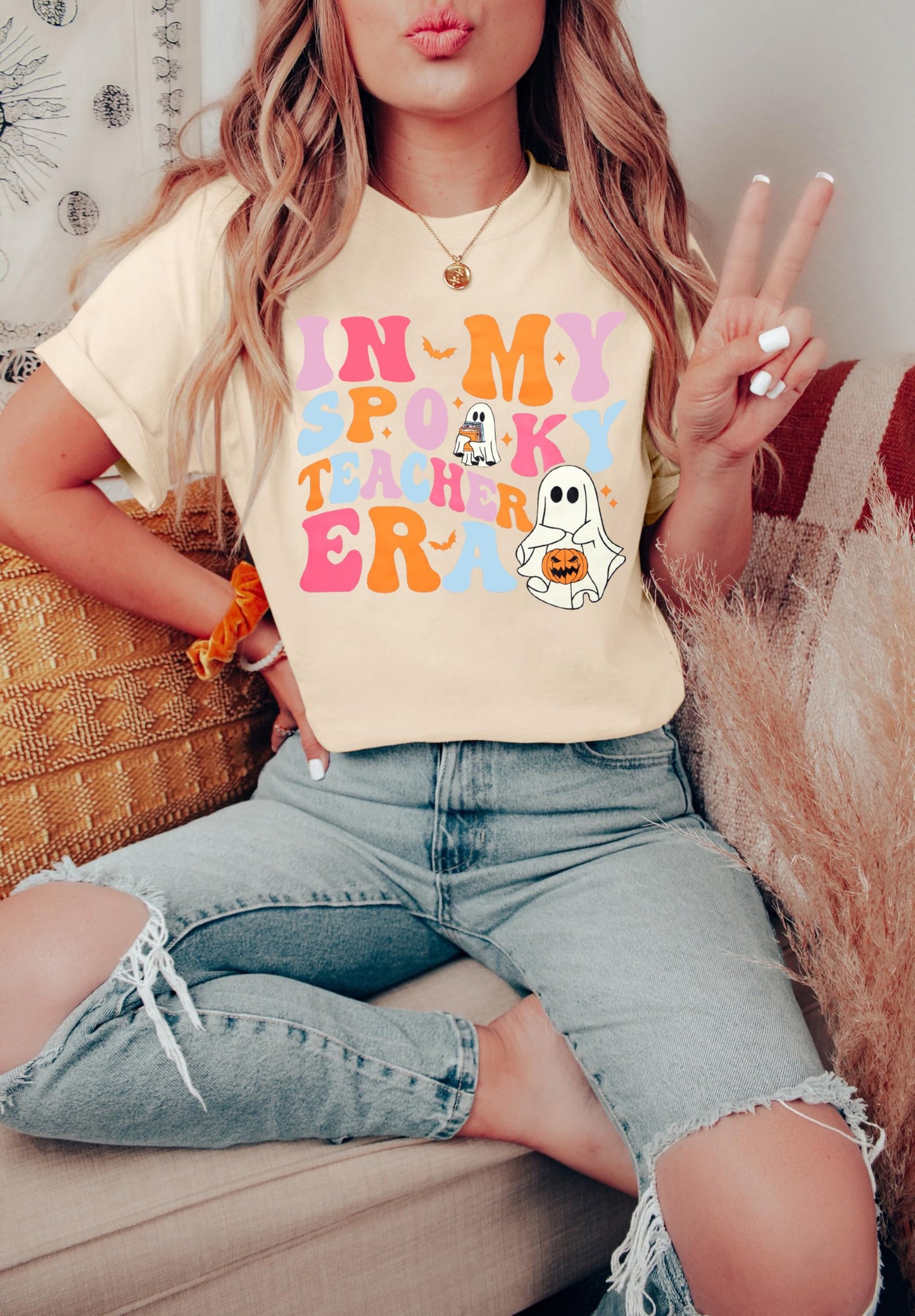 Halloween Teacher Shirt Women Spooky Teacher T-Shirt Teacher Life Tee Halloween Season Long Sleeve Tops