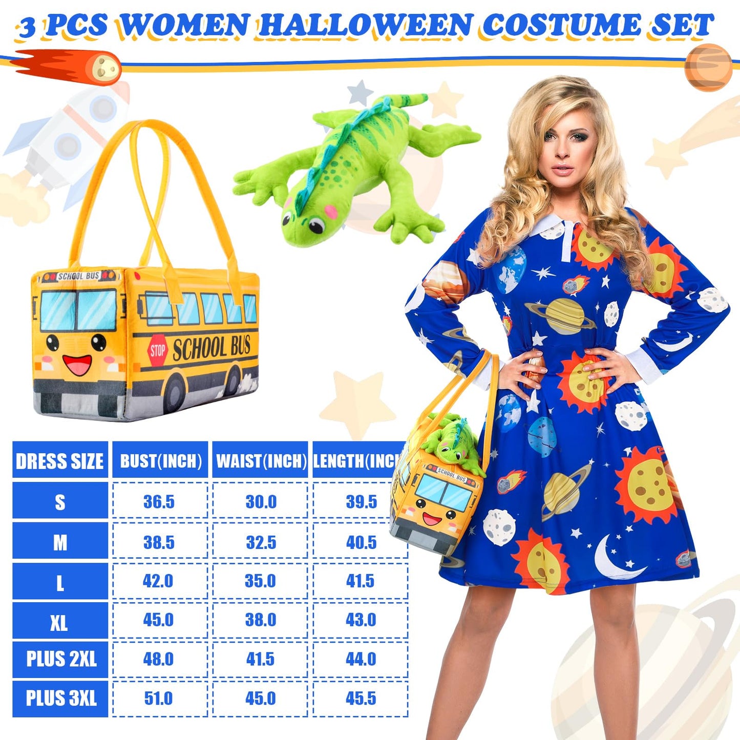 ramede 3 Pcs Women Halloween Teacher Costume Set Vintage Long Sleeve Dress with School Bus Bag for Halloween Role Play Party