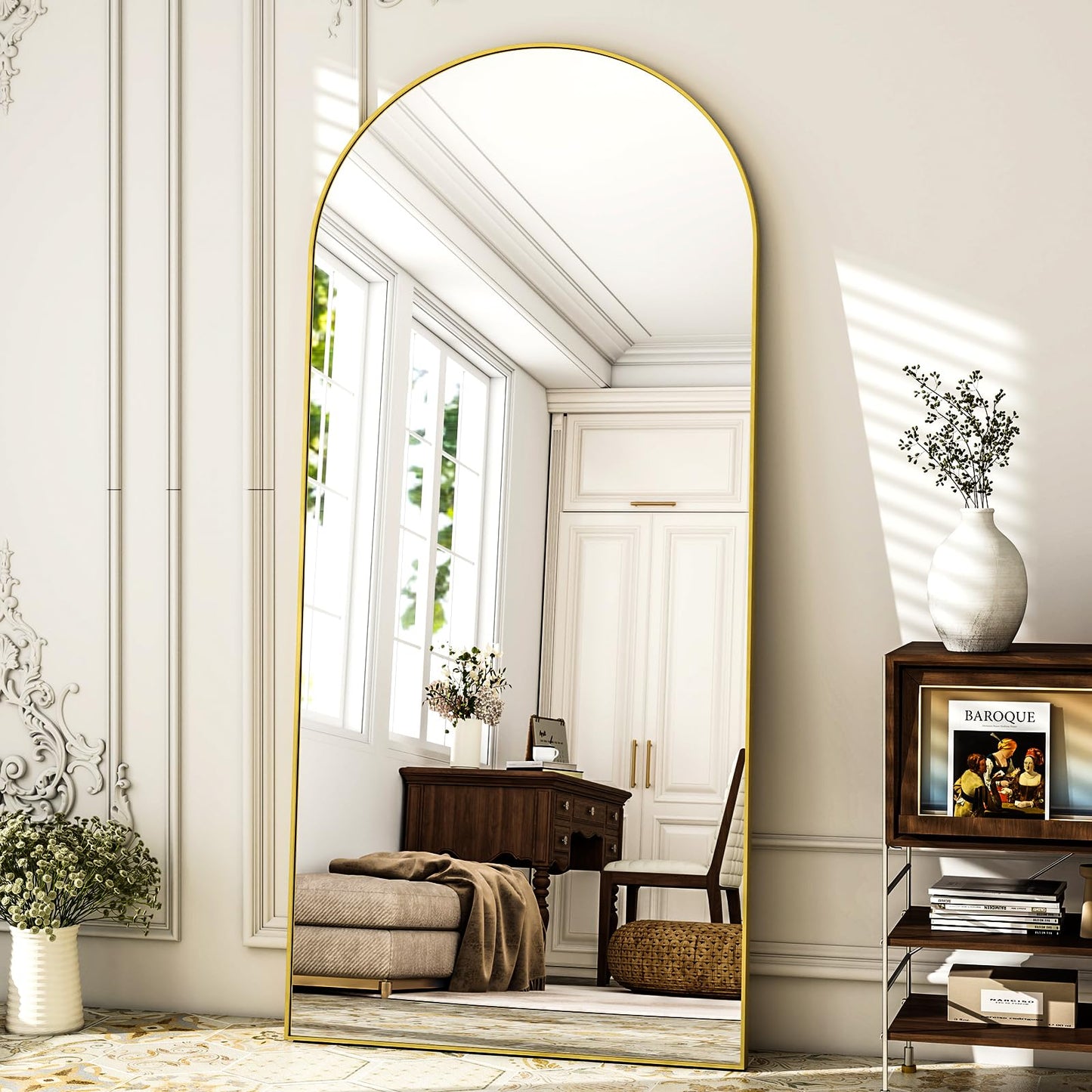 HARRITPURE 64"x21" Arched Full Length Mirror Free Standing Leaning Mirror Hanging Mounted Mirror Aluminum Frame Modern Simple Home Decor for Living Room Bedroom Cloakroom, Gold