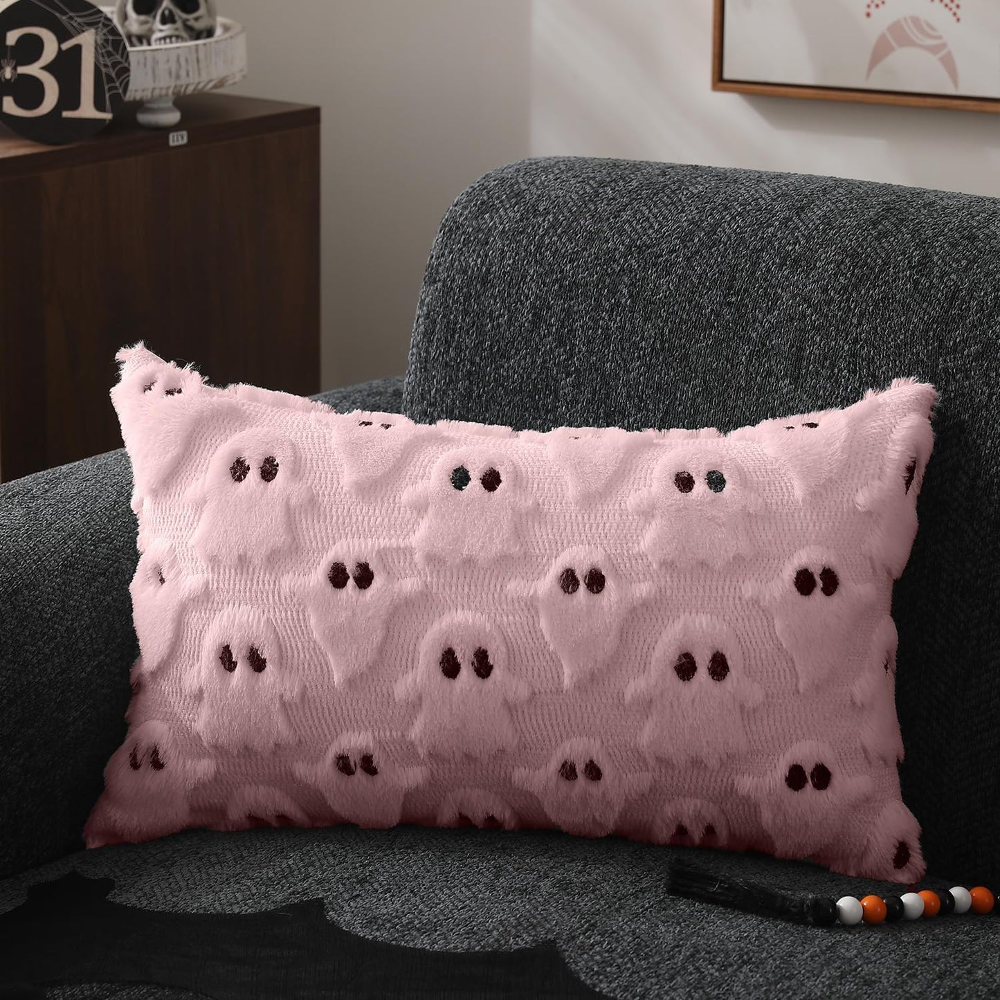 DFXSZ Halloween Pillow Covers 18x18 inch Set of 2 White Ghost Throw Pillow Cases Soft Plush Faux Fur Wool Couch Cushion Case for Chair Sofa Bedroom Living Room Home Decor PTK03A18