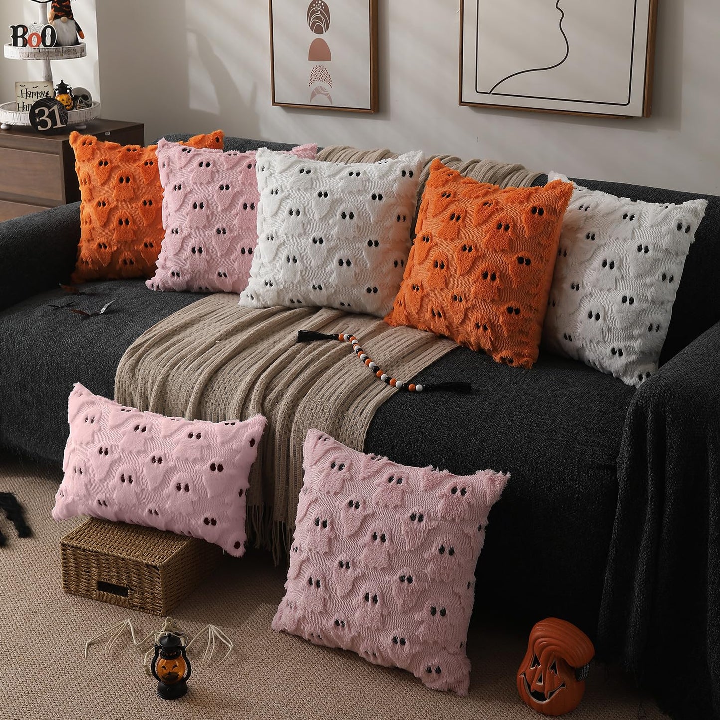 DFXSZ Halloween Pillow Covers 18x18 inch Set of 2 White Ghost Throw Pillow Cases Soft Plush Faux Fur Wool Couch Cushion Case for Chair Sofa Bedroom Living Room Home Decor PTK03A18