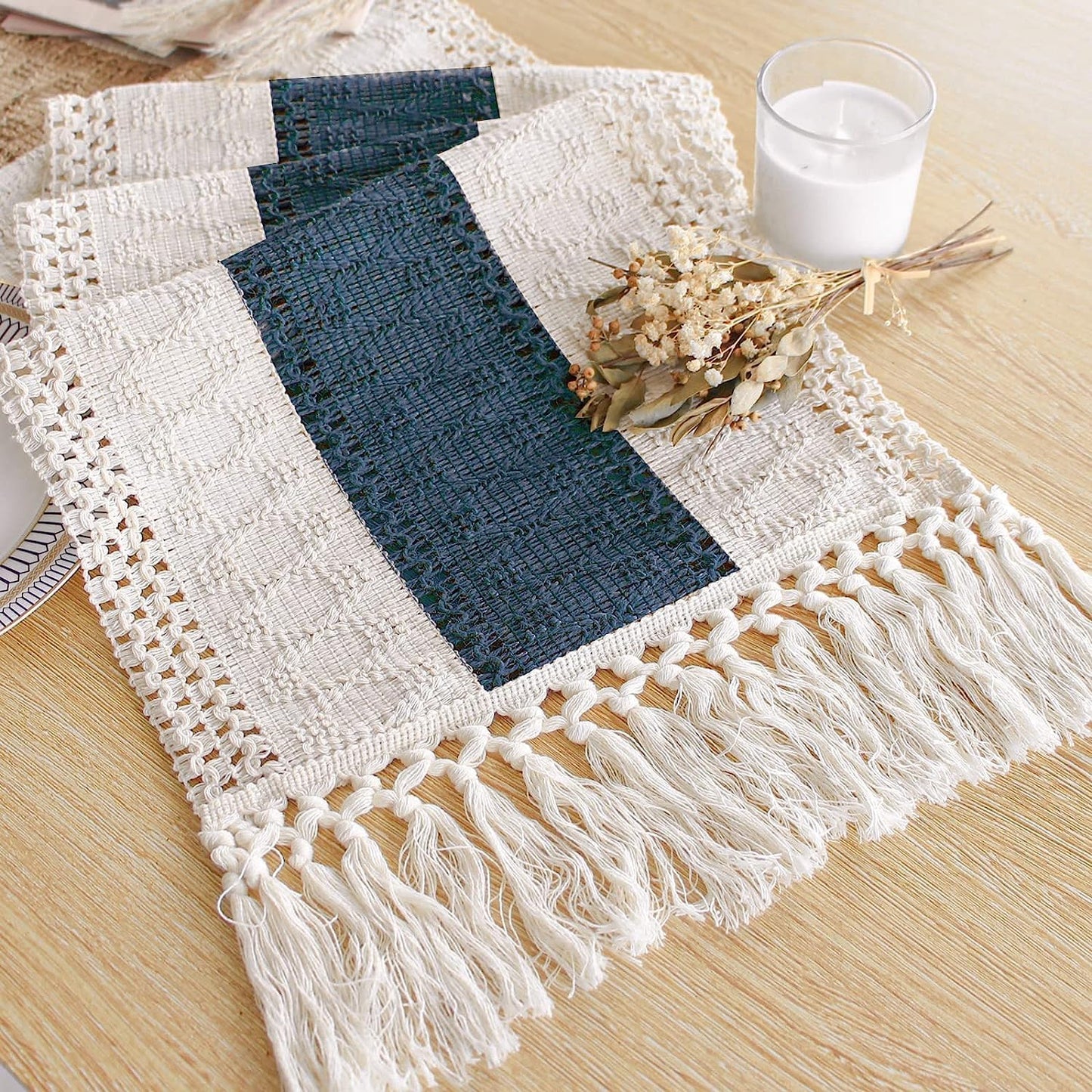FEXIA Thanksgiving Table Runner for Home Decor with Tassels 72 Inches Long Farmhouse Rustic Boho Table Runner Macrame Burlap Fall Table Decoration for Living Room Bridal Shower(12x72 Inches)
