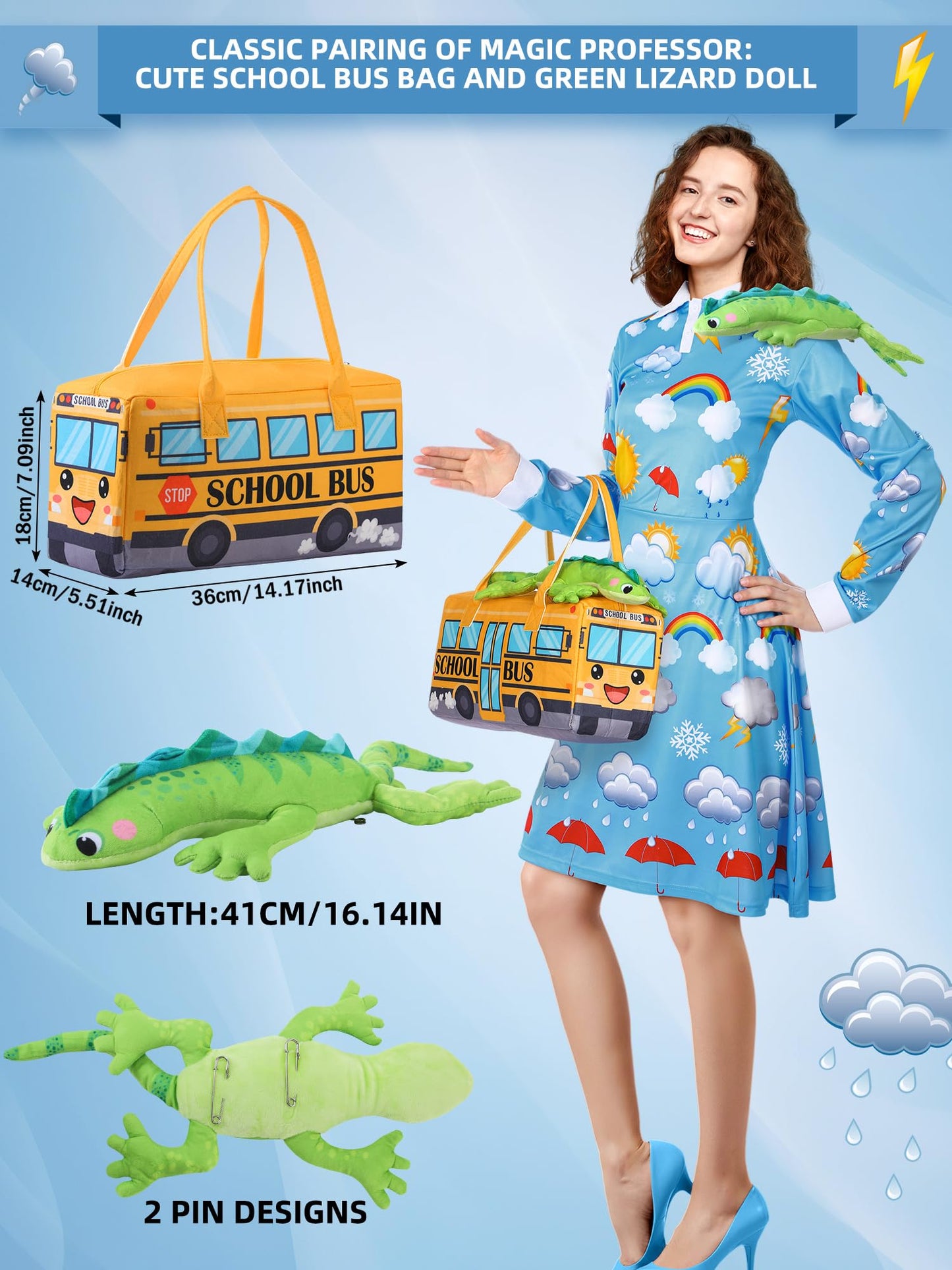 ramede 3 Pcs Women Halloween Teacher Costume Set Vintage Long Sleeve Dress with School Bus Bag for Halloween Role Play Party