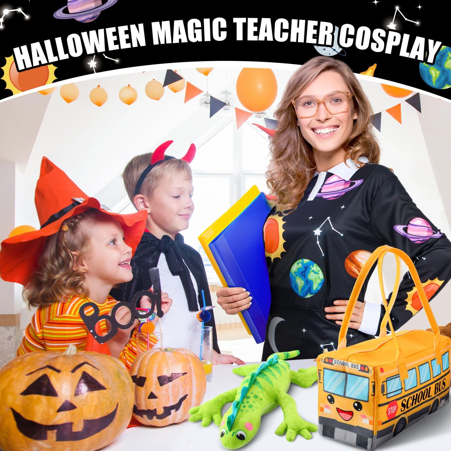 ramede 3 Pcs Women Halloween Teacher Costume Set Vintage Long Sleeve Dress with School Bus Bag for Halloween Role Play Party