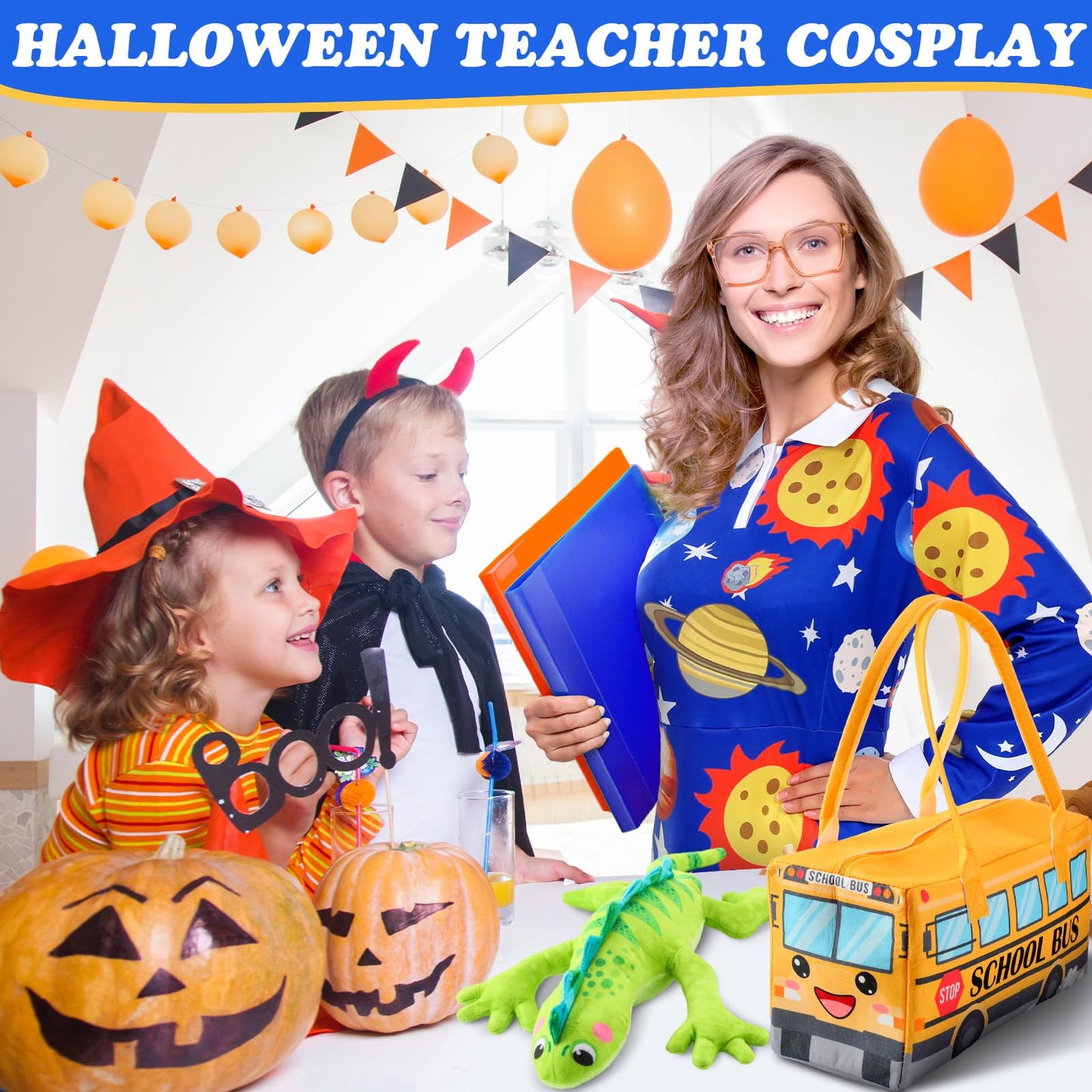 ramede 3 Pcs Women Halloween Teacher Costume Set Vintage Long Sleeve Dress with School Bus Bag for Halloween Role Play Party