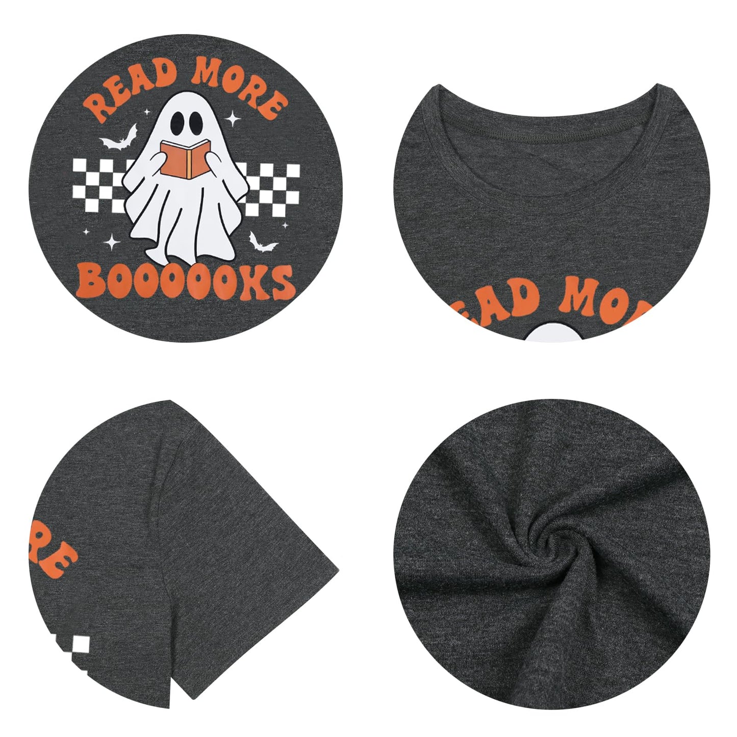 Halloween Teacher Shirts for Women Groovy Read More Books Ghost T-Shirt Short Sleeve Halloween Party Tee Tops