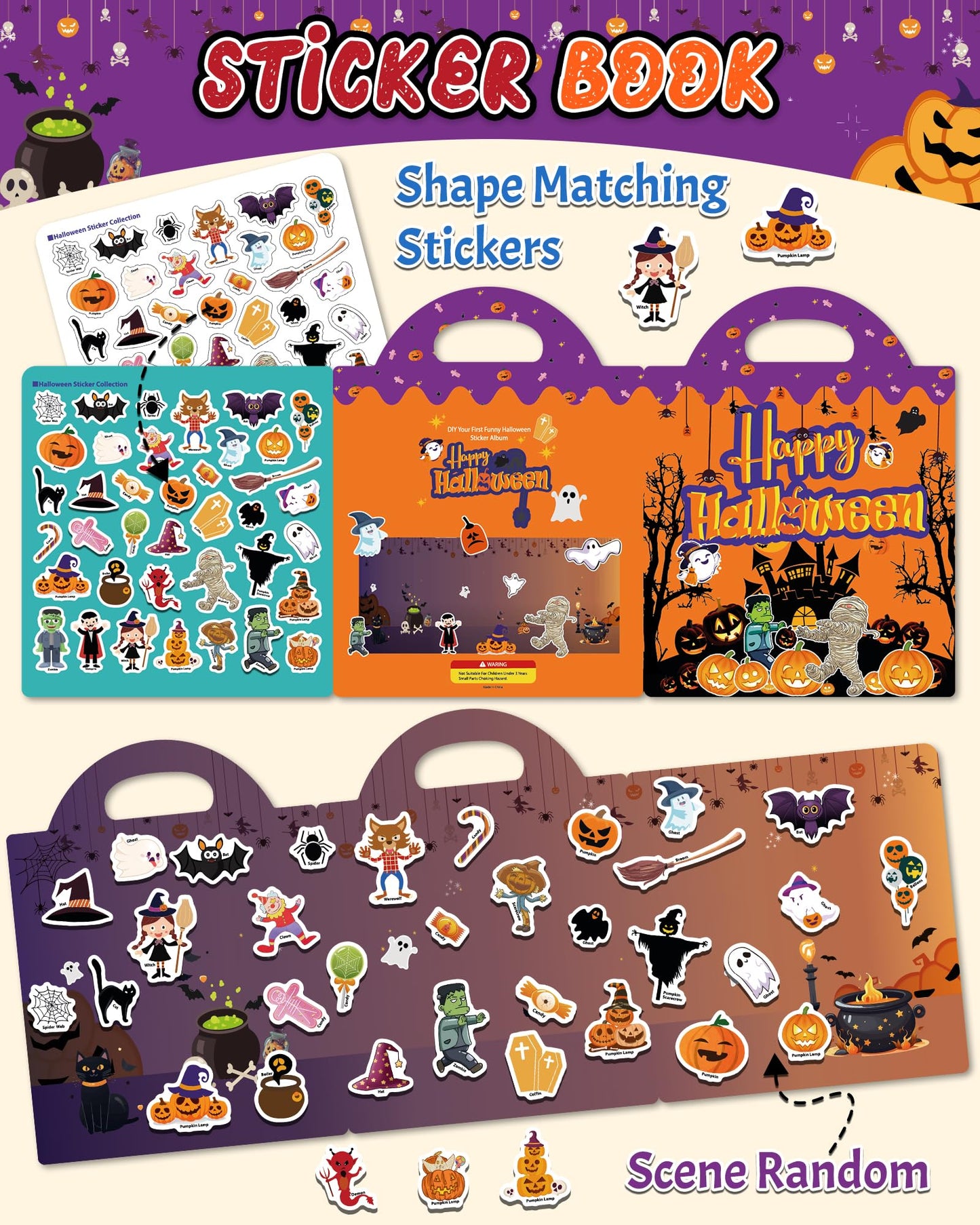 Benresive Halloween Reusable Sticker Book for Toddlers 2-4 Year, Travel Halloween Stickers for Kids, Waterproof Sticker Books for Toddlers 1-3, 38 Pcs Crafts Activities for Todddlers 1-3 2-4 3-5