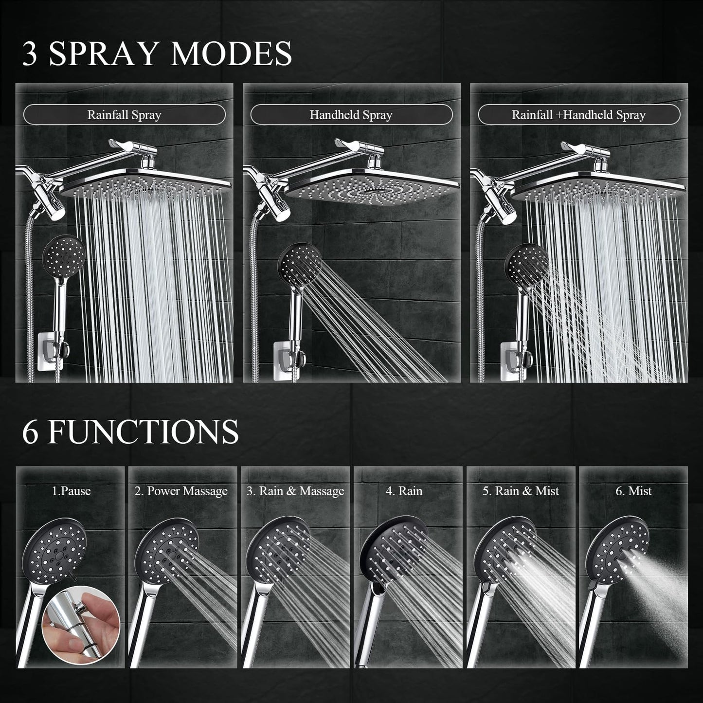 Veken 11.8 Inch Rectangle High Pressure Rain Shower Head Combo with Extension Arm- Wide Showerhead with 5 Handheld Water Spray - Adjustable Dual Showerhead with Anti-Clog Nozzles - Silver Chrome