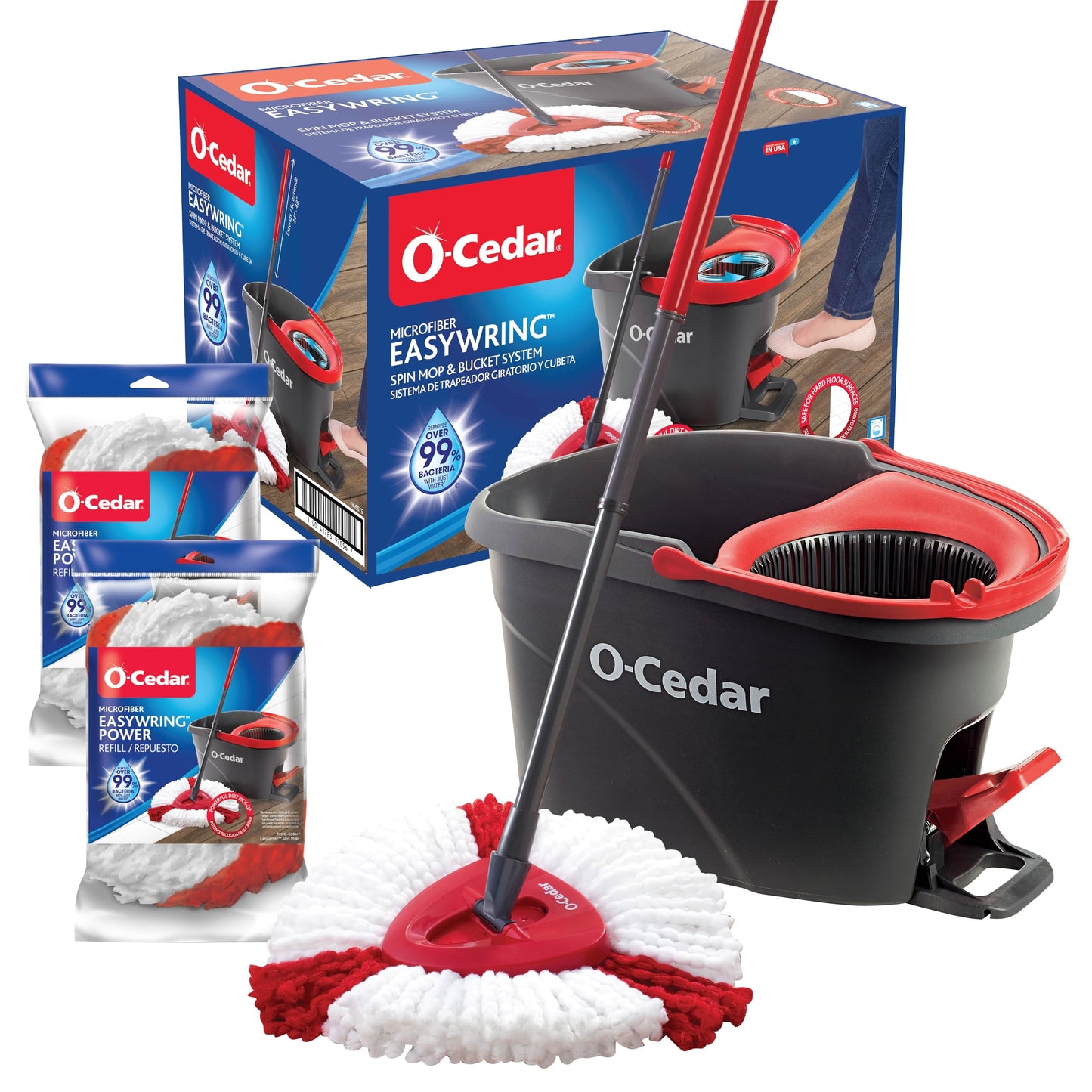 O-Cedar EasyWring Microfiber Spin Mop & Bucket Floor Cleaning System + 2 Extra Refills, Red/Gray