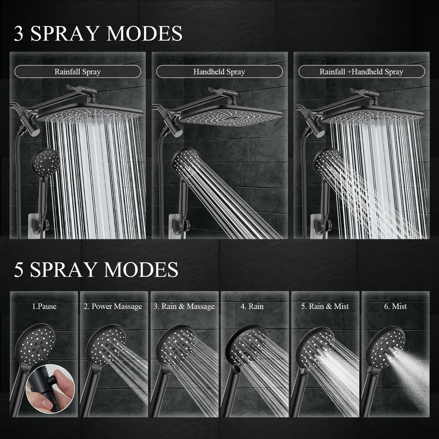 Veken 11.8 Inch Rectangle High Pressure Rain Shower Head Combo with Extension Arm- Wide Showerhead with 5 Handheld Water Spray - Adjustable Dual Showerhead with Anti-Clog Nozzles - Silver Chrome