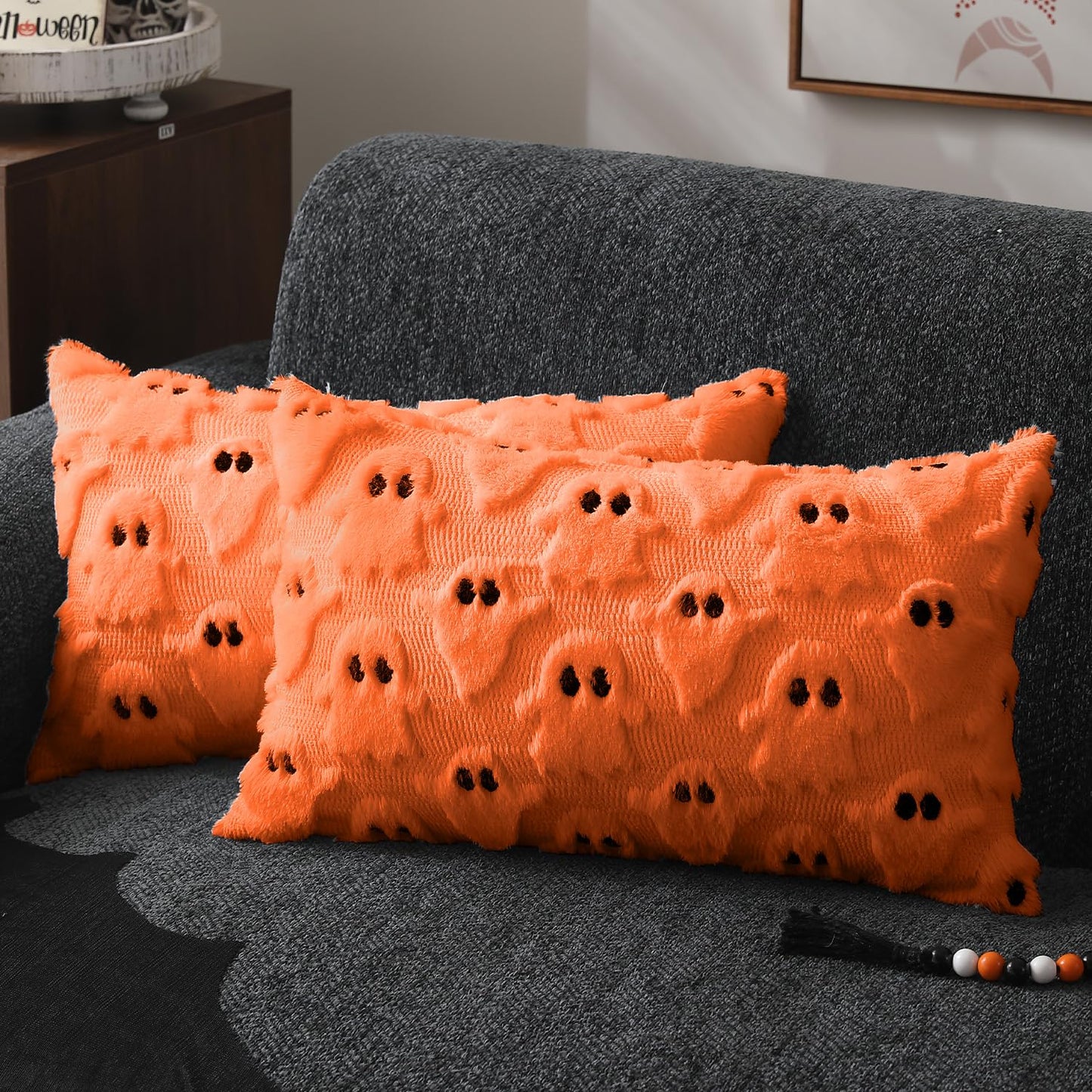 DFXSZ Halloween Pillow Covers 18x18 inch Set of 2 White Ghost Throw Pillow Cases Soft Plush Faux Fur Wool Couch Cushion Case for Chair Sofa Bedroom Living Room Home Decor PTK03A18
