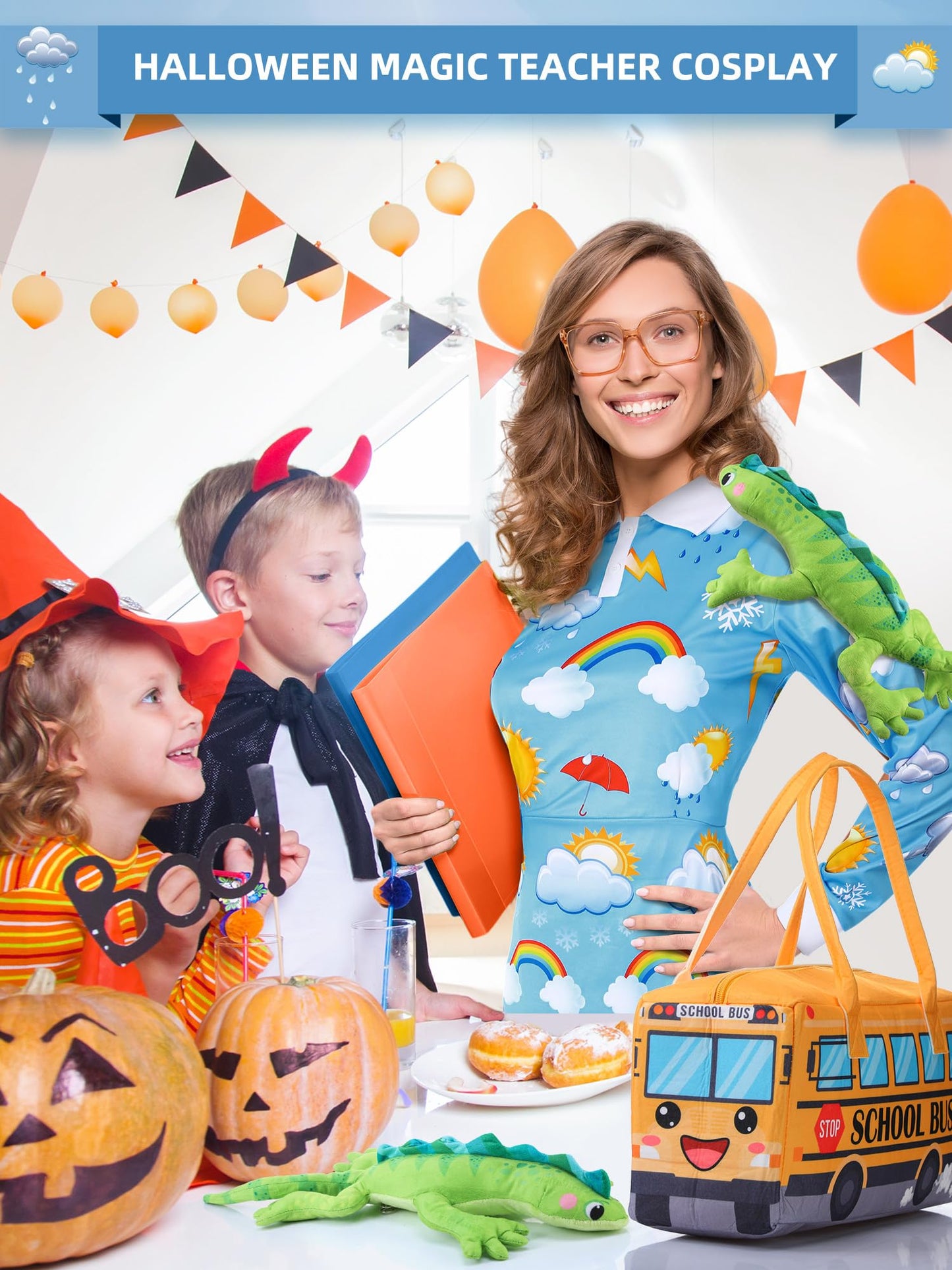 ramede 3 Pcs Women Halloween Teacher Costume Set Vintage Long Sleeve Dress with School Bus Bag for Halloween Role Play Party