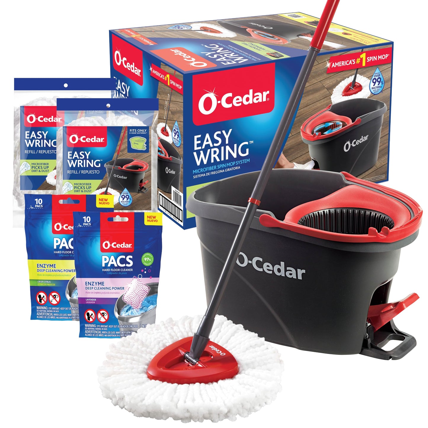 O-Cedar EasyWring Microfiber Spin Mop & Bucket Floor Cleaning System + 2 Extra Refills, Red/Gray