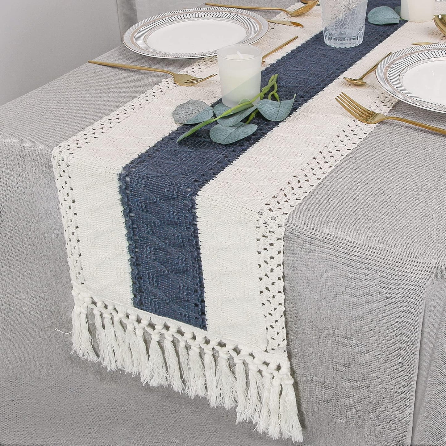 FEXIA Thanksgiving Table Runner for Home Decor with Tassels 72 Inches Long Farmhouse Rustic Boho Table Runner Macrame Burlap Fall Table Decoration for Living Room Bridal Shower(12x72 Inches)