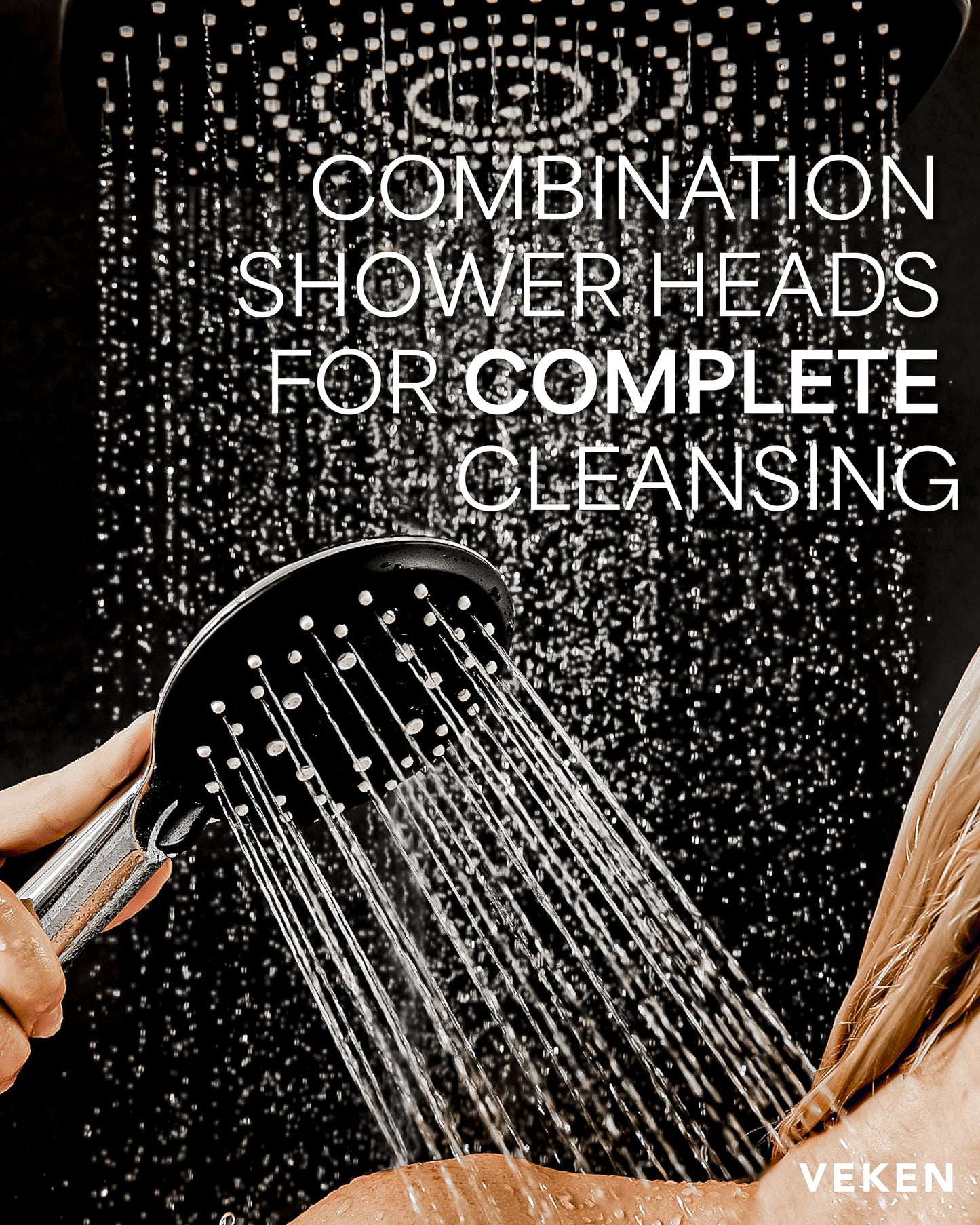 Veken 11.8 Inch Rectangle High Pressure Rain Shower Head Combo with Extension Arm- Wide Showerhead with 5 Handheld Water Spray - Adjustable Dual Showerhead with Anti-Clog Nozzles - Silver Chrome