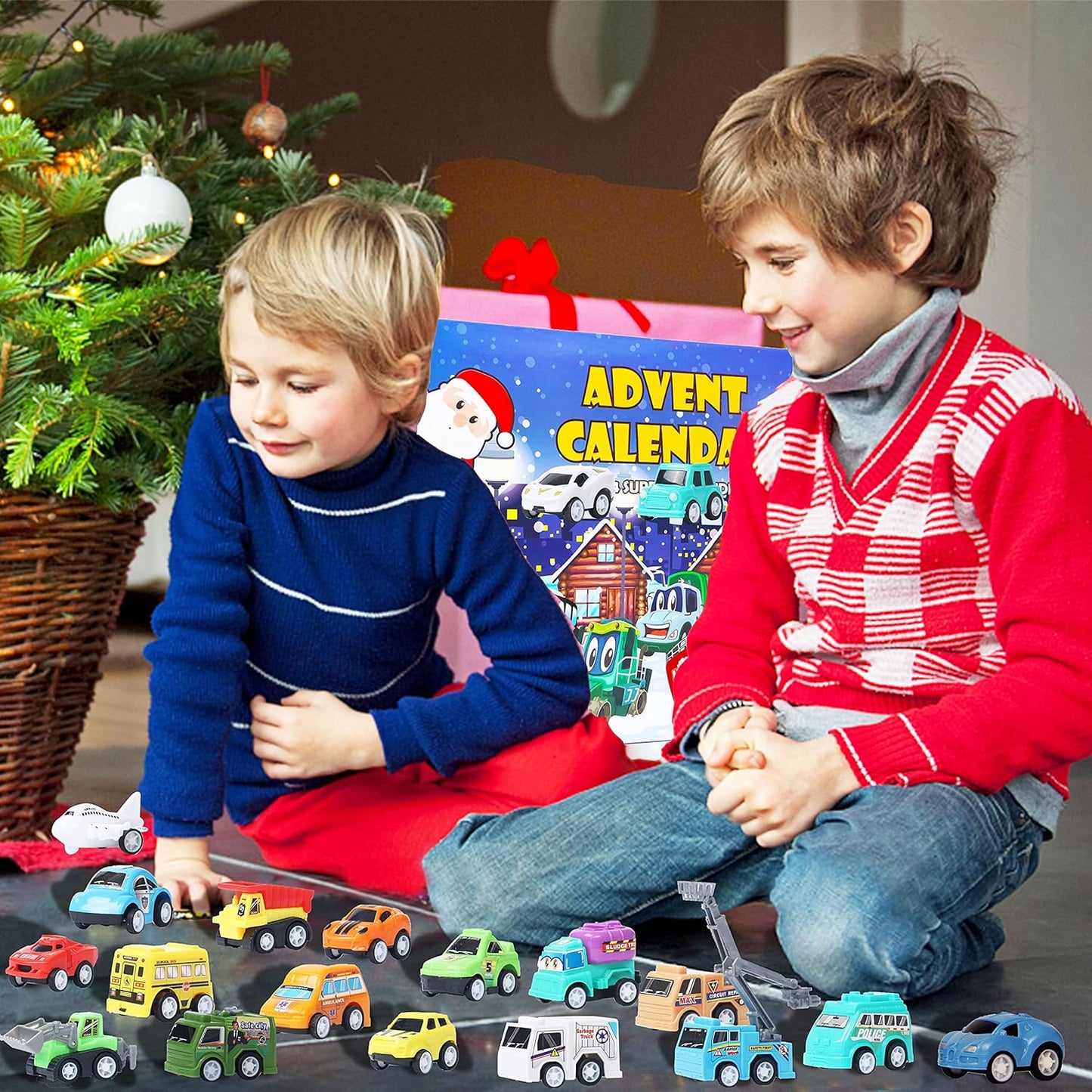 Juegoal Cars Advent Calendar 2024 for Kids, Stocking Stuffer Toy Cars with 24 Different Pull Back Vehicles Including Construction Vehicles, Race Cars, Perfect for Boys and Girls