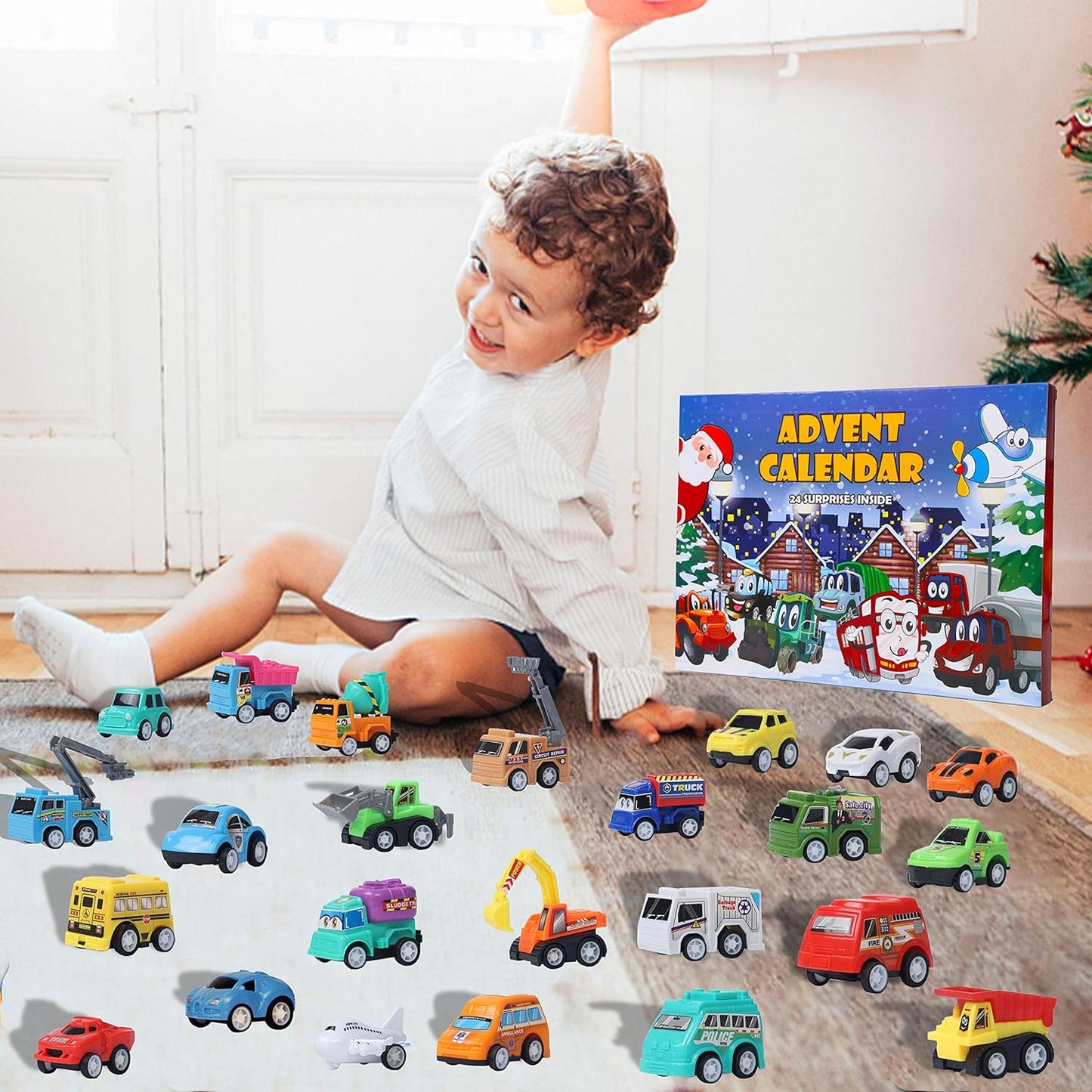 Juegoal Cars Advent Calendar 2024 for Kids, Stocking Stuffer Toy Cars with 24 Different Pull Back Vehicles Including Construction Vehicles, Race Cars, Perfect for Boys and Girls