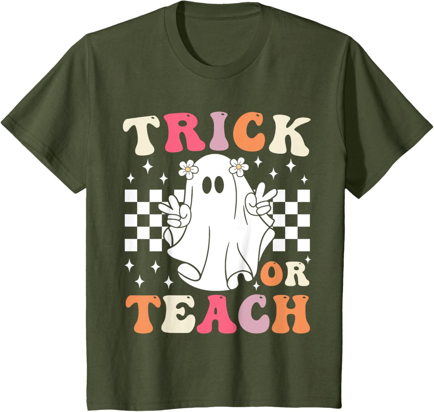 Groovy Trick or Teach Retro Spooky Ghost Halloween Teacher T-Shirt