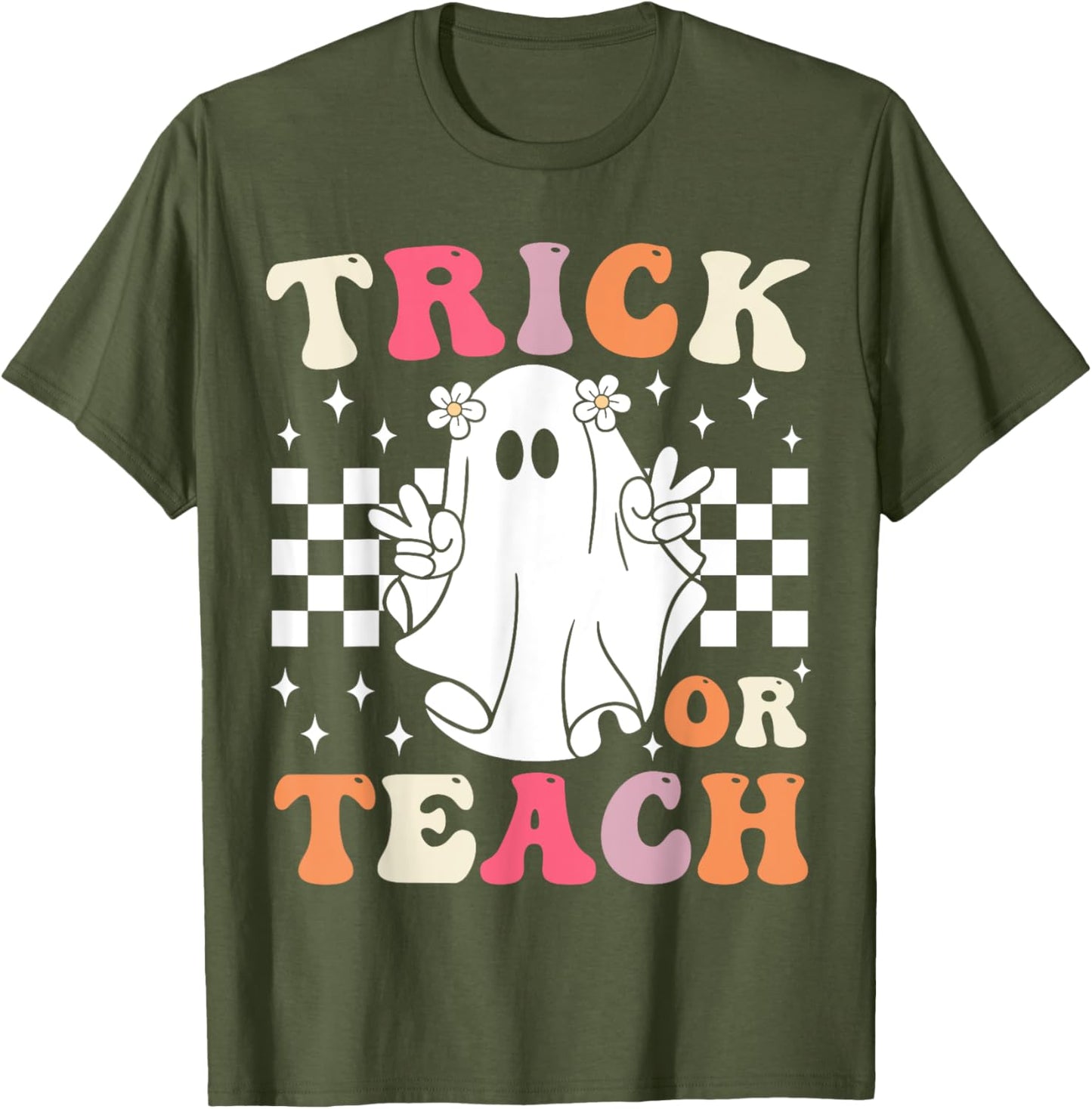 Groovy Trick or Teach Retro Spooky Ghost Halloween Teacher T-Shirt