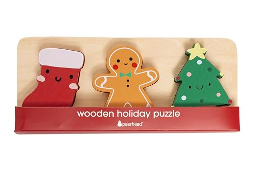 Pearhead 3 Piece Wooden Holiday Puzzle, Kids Christmas Puzzle, Holiday Puzzle Stocking Stuffer, Christmas Toys for Children, Holiday Toy Ideas, 3 Piece Set