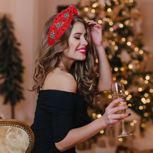 NVENF Jeweled Plaid Headband with Embellished Crystals and Pearls - Knotted Wide Top Knot Hair Accessory for Women, Holiday Outfits & Gifts
