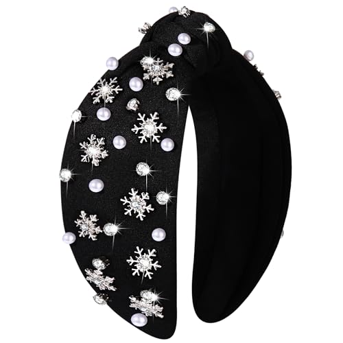 NVENF Jeweled Plaid Headband with Embellished Crystals and Pearls - Knotted Wide Top Knot Hair Accessory for Women, Holiday Outfits & Gifts