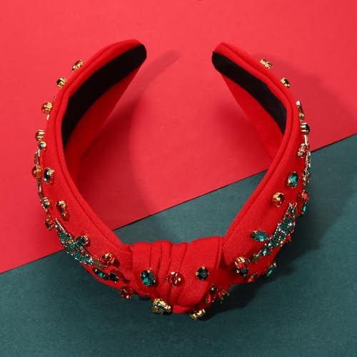 NVENF Jeweled Plaid Headband with Embellished Crystals and Pearls - Knotted Wide Top Knot Hair Accessory for Women, Holiday Outfits & Gifts