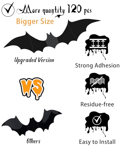 120 Pcs Halloween Decorations 3D Bats Decor, 4 Sizes Scary Halloween Decor Indoor Bat Stickers Halloween Decorations for Bedroom Bathroom Door Wall Decor Halloween Party Decorations