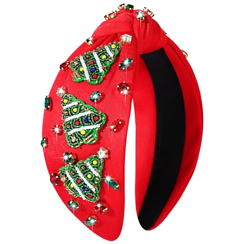 NVENF Jeweled Plaid Headband with Embellished Crystals and Pearls - Knotted Wide Top Knot Hair Accessory for Women, Holiday Outfits & Gifts