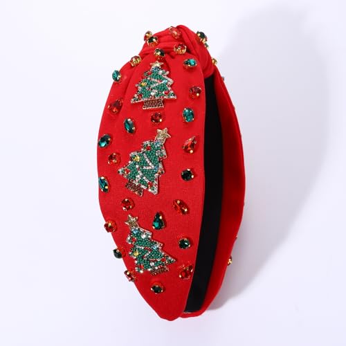 NVENF Jeweled Plaid Headband with Embellished Crystals and Pearls - Knotted Wide Top Knot Hair Accessory for Women, Holiday Outfits & Gifts
