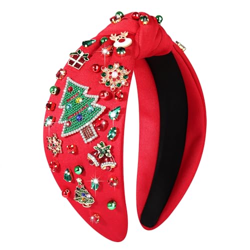 NVENF Jeweled Plaid Headband with Embellished Crystals and Pearls - Knotted Wide Top Knot Hair Accessory for Women, Holiday Outfits & Gifts