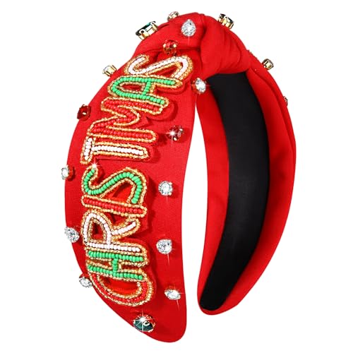 NVENF Jeweled Plaid Headband with Embellished Crystals and Pearls - Knotted Wide Top Knot Hair Accessory for Women, Holiday Outfits & Gifts