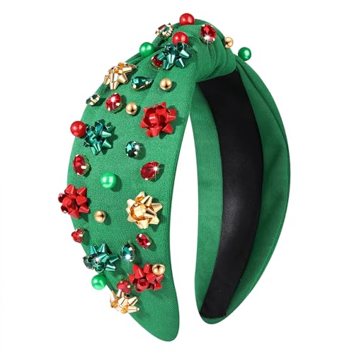 NVENF Jeweled Plaid Headband with Embellished Crystals and Pearls - Knotted Wide Top Knot Hair Accessory for Women, Holiday Outfits & Gifts