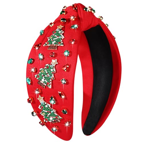 NVENF Jeweled Plaid Headband with Embellished Crystals and Pearls - Knotted Wide Top Knot Hair Accessory for Women, Holiday Outfits & Gifts