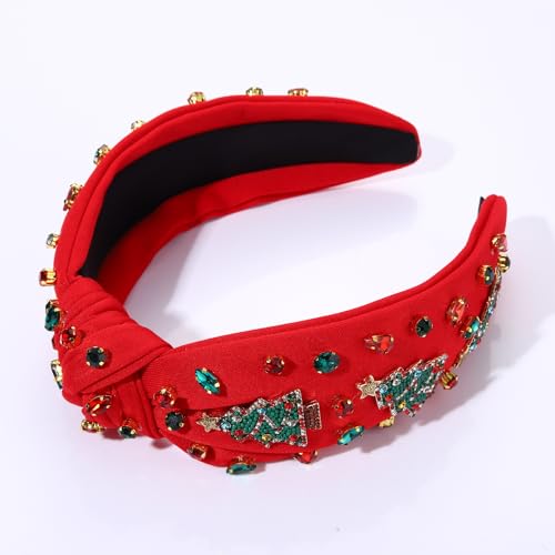 NVENF Jeweled Plaid Headband with Embellished Crystals and Pearls - Knotted Wide Top Knot Hair Accessory for Women, Holiday Outfits & Gifts