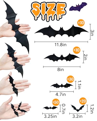 120 Pcs Halloween Decorations 3D Bats Decor, 4 Sizes Scary Halloween Decor Indoor Bat Stickers Halloween Decorations for Bedroom Bathroom Door Wall Decor Halloween Party Decorations
