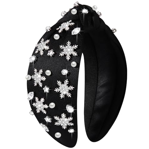 NVENF Jeweled Plaid Headband with Embellished Crystals and Pearls - Knotted Wide Top Knot Hair Accessory for Women, Holiday Outfits & Gifts