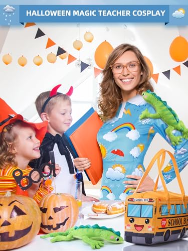 ramede 3 Pcs Women Halloween Teacher Costume Set Vintage Long Sleeve Dress with School Bus Bag for Halloween Role Play Party