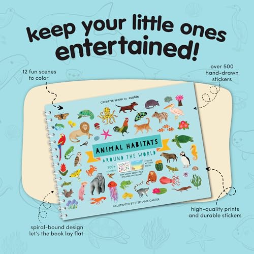 Cupkin Animal Sticker Book Activity for Kids, Toddler Airplane Travel Essentials, 500+ Habitat Stickers for Kids + 12 Scenes + 12 Coloring Book Pages, Animal Lover Kids Gift, Kids Crafts for Ages 2-8