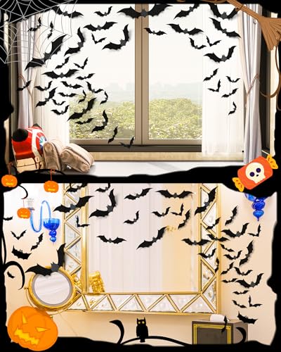 120 Pcs Halloween Decorations 3D Bats Decor, 4 Sizes Scary Halloween Decor Indoor Bat Stickers Halloween Decorations for Bedroom Bathroom Door Wall Decor Halloween Party Decorations