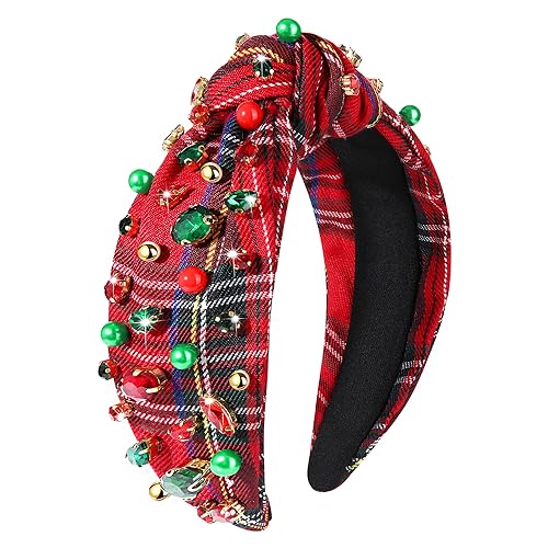 NVENF Jeweled Plaid Headband with Embellished Crystals and Pearls - Knotted Wide Top Knot Hair Accessory for Women, Holiday Outfits & Gifts