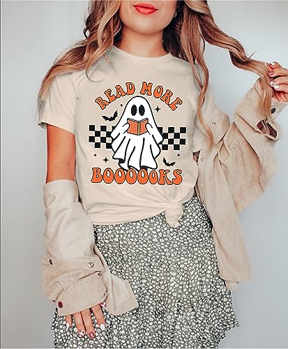 Halloween Teacher Shirts for Women Groovy Read More Books Ghost T-Shirt Short Sleeve Halloween Party Tee Tops