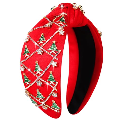 NVENF Jeweled Plaid Headband with Embellished Crystals and Pearls - Knotted Wide Top Knot Hair Accessory for Women, Holiday Outfits & Gifts
