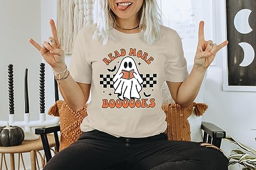 Halloween Teacher Shirts for Women Groovy Read More Books Ghost T-Shirt Short Sleeve Halloween Party Tee Tops