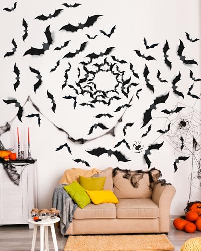 120 Pcs Halloween Decorations 3D Bats Decor, 4 Sizes Scary Halloween Decor Indoor Bat Stickers Halloween Decorations for Bedroom Bathroom Door Wall Decor Halloween Party Decorations