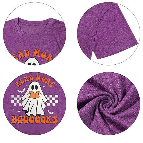 Halloween Teacher Shirts for Women Groovy Read More Books Ghost T-Shirt Short Sleeve Halloween Party Tee Tops