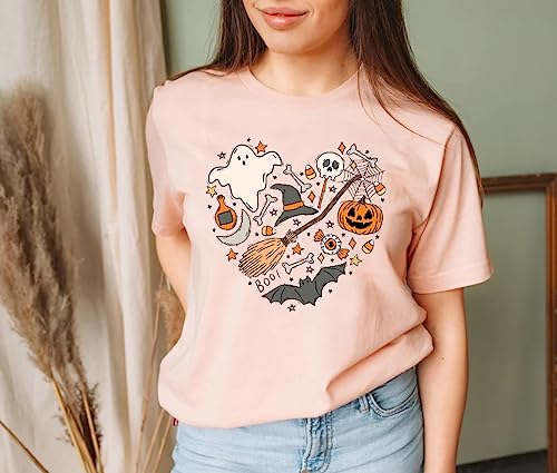 Halloween Doodles Shirt for Women Cute Vintage Graphic Halloween Party Tshirt Short Sleeve Fall Season Tees