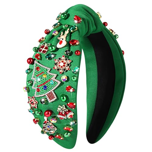 NVENF Jeweled Plaid Headband with Embellished Crystals and Pearls - Knotted Wide Top Knot Hair Accessory for Women, Holiday Outfits & Gifts